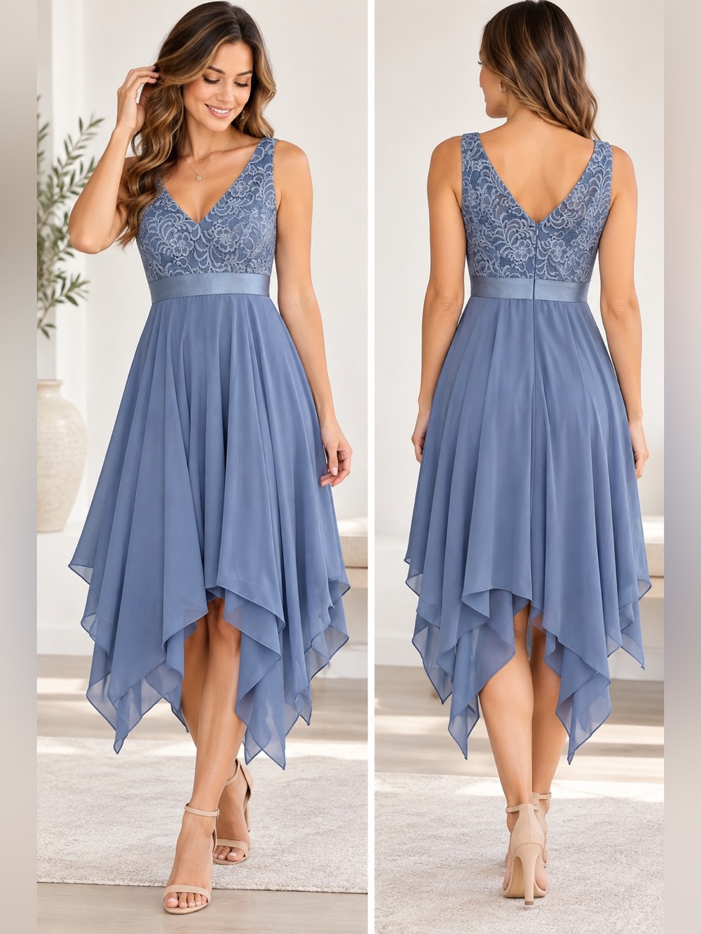 Ever-Pretty Dress Size 16 Blue Lace Chiffon Handkerchief Hem Formal Wedding.